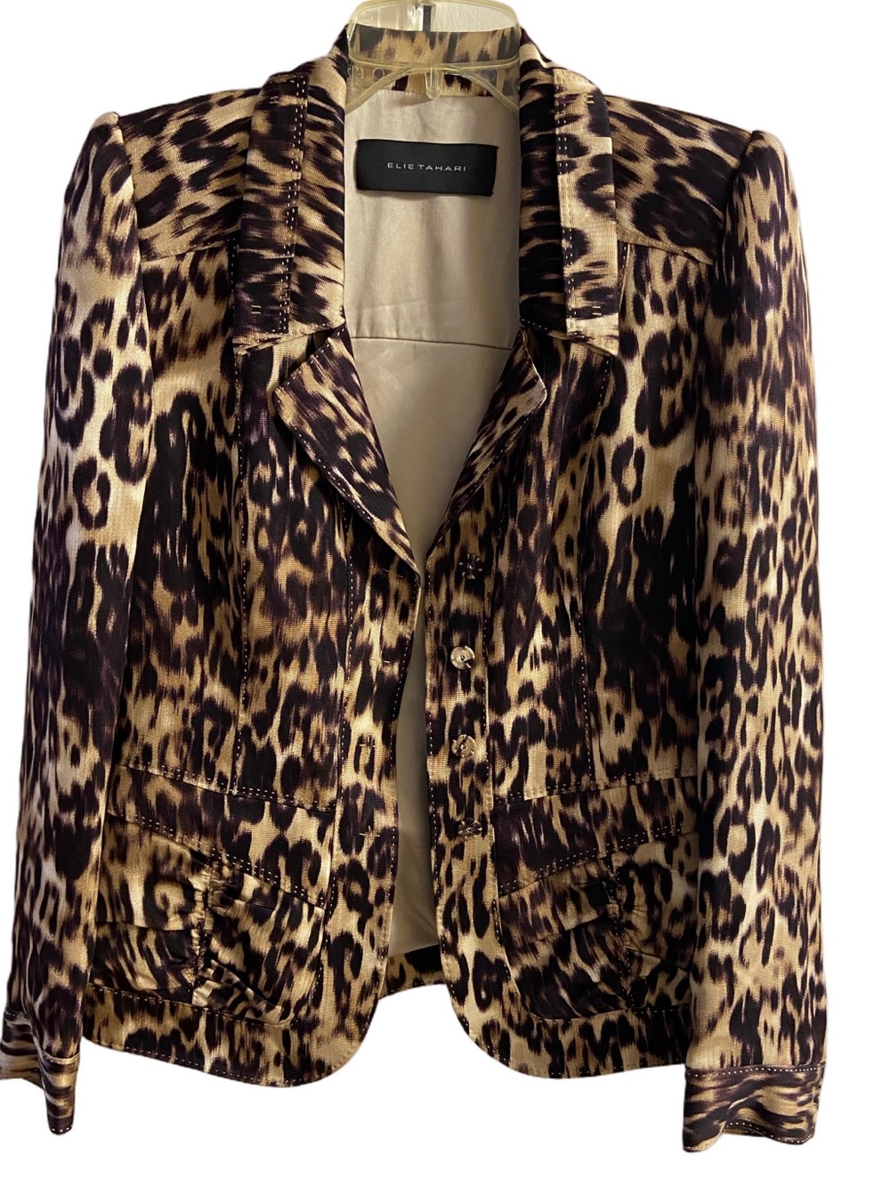 Elie Tahari Leopard Print Button Front Fitted Blazer Jacket 100% Silk Small